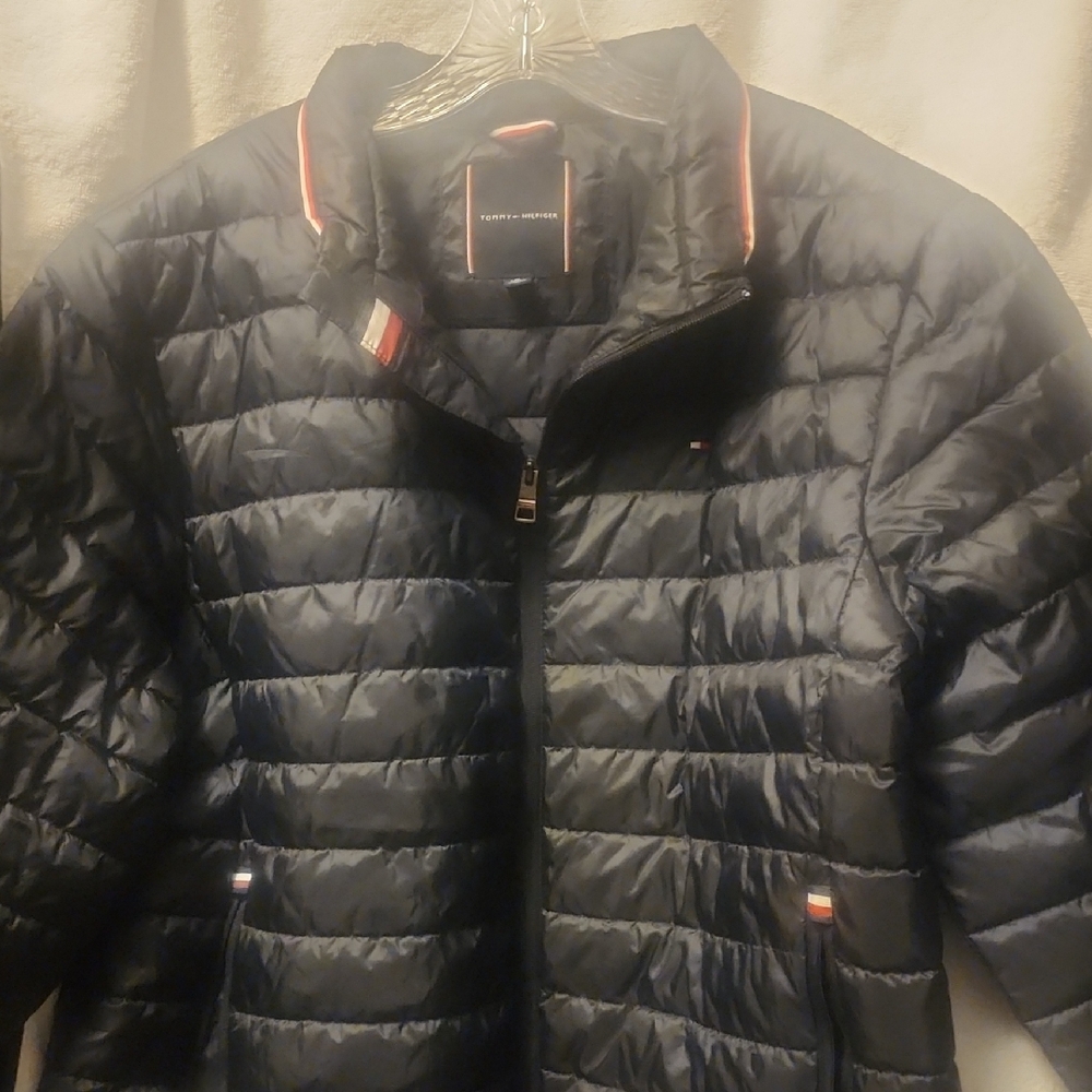 Tommy Hilfiger Quilted Black Jacket with Red and White Details